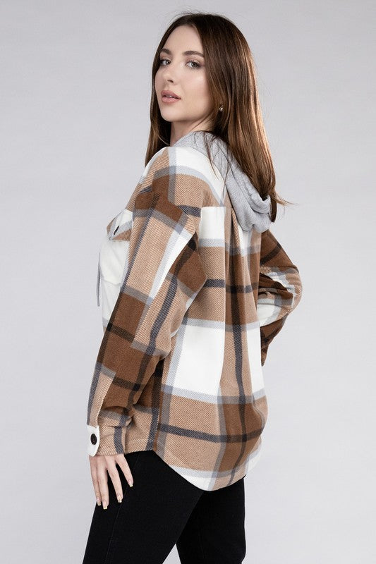 Plaid Drawstring Hooded Fleece Shacket