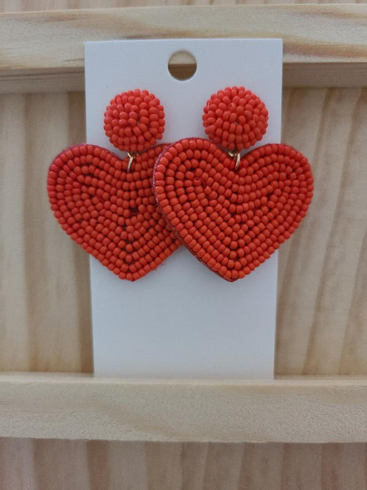 Red Seed Bead Heart Earrings