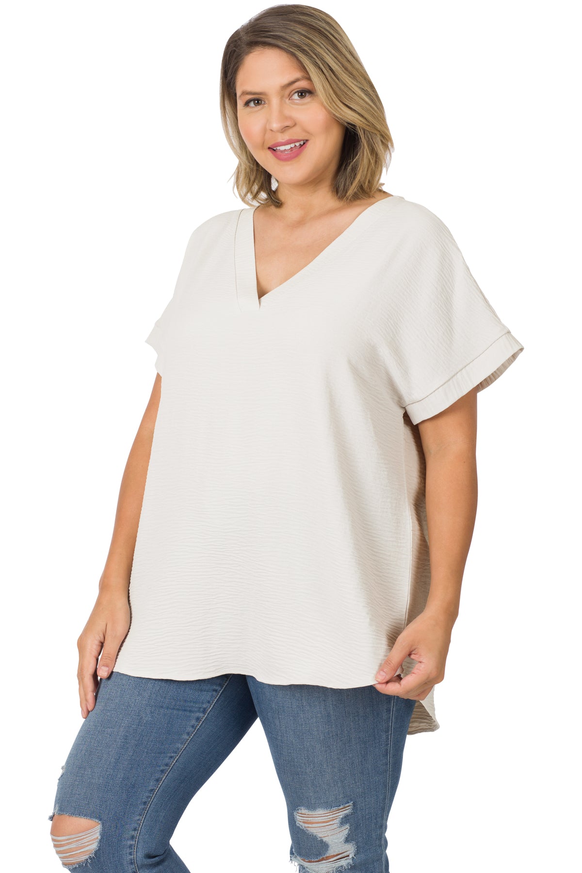 ZENANA - Curvy Airflow V-Neck Hi-Low Hem Top - FINAL SALE